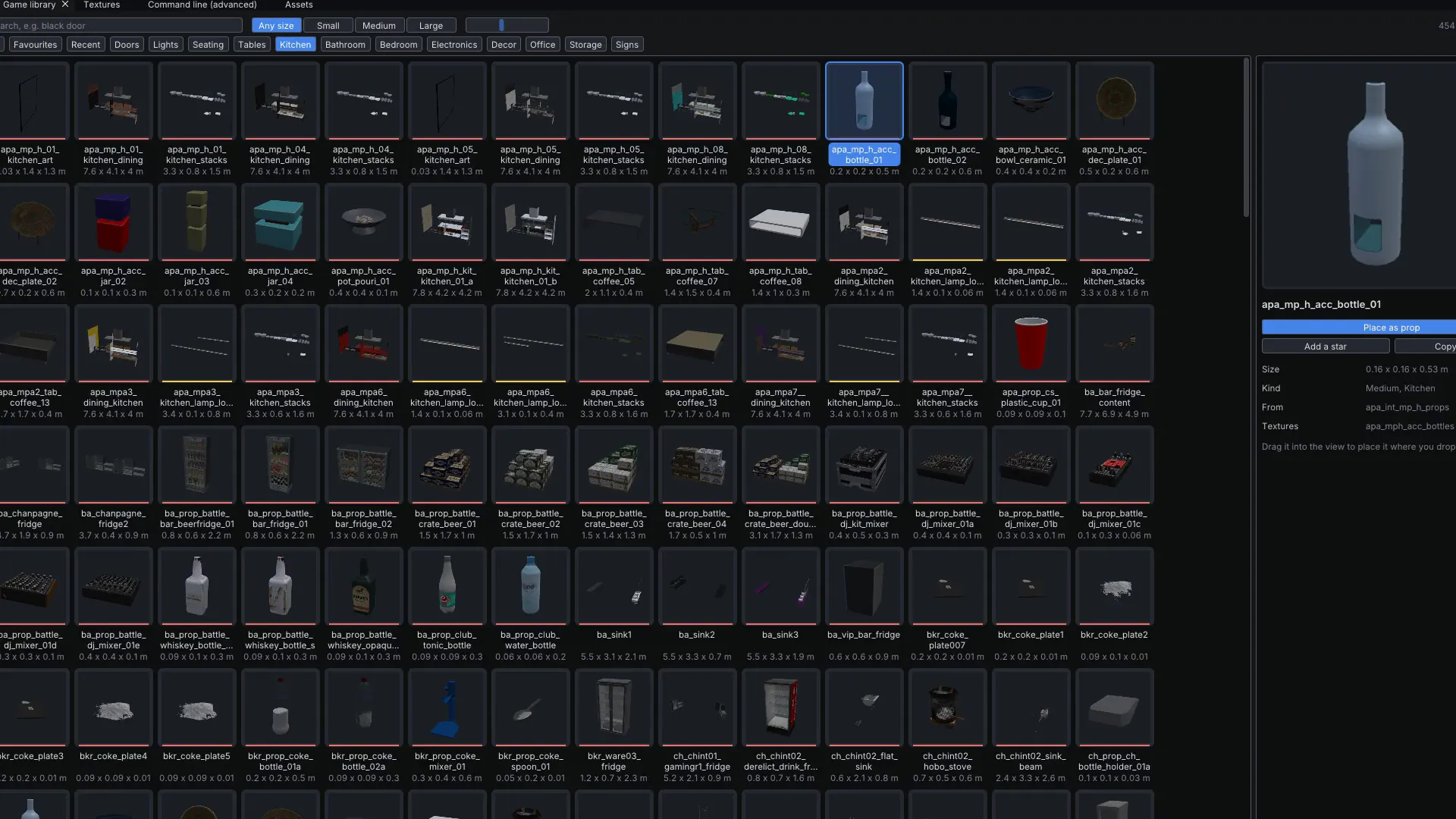 The Game library with prop cards, category chips and a search box