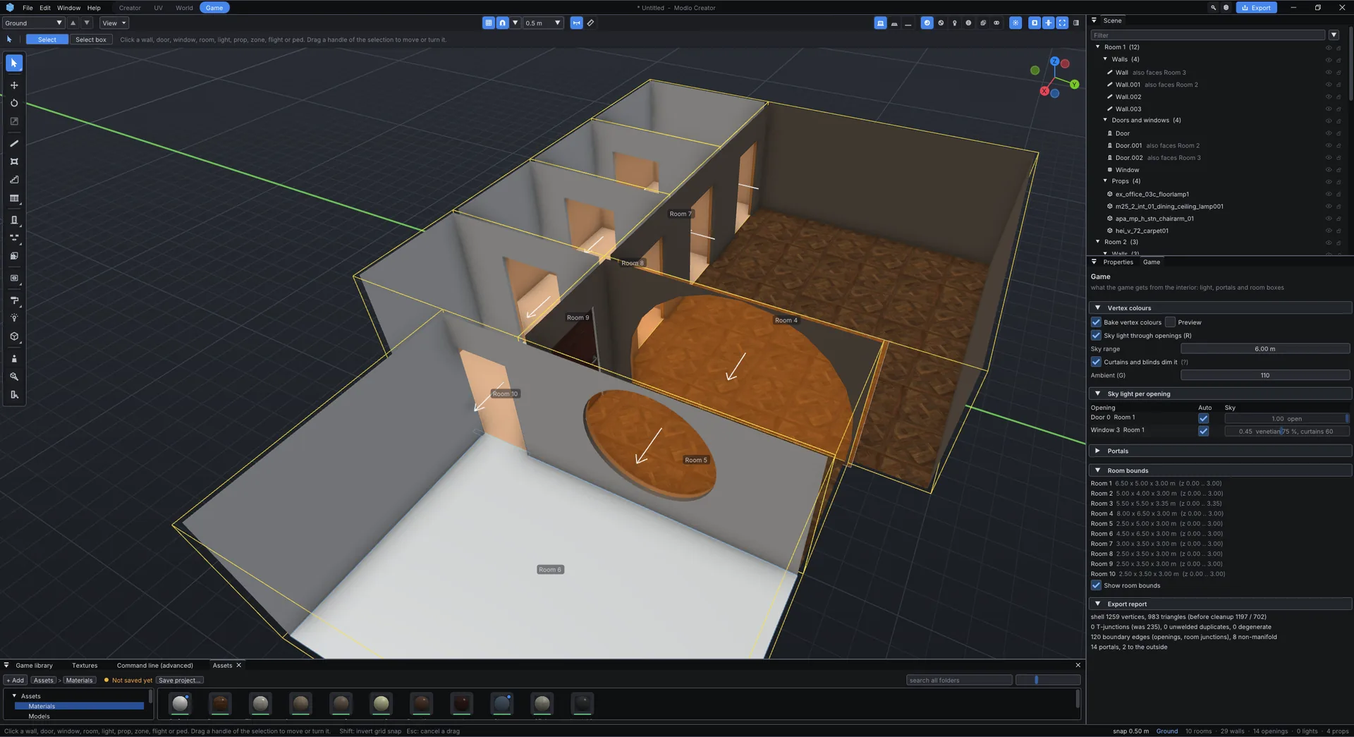 The Game workspace showing portals as arrows and room bounds as yellow boxes